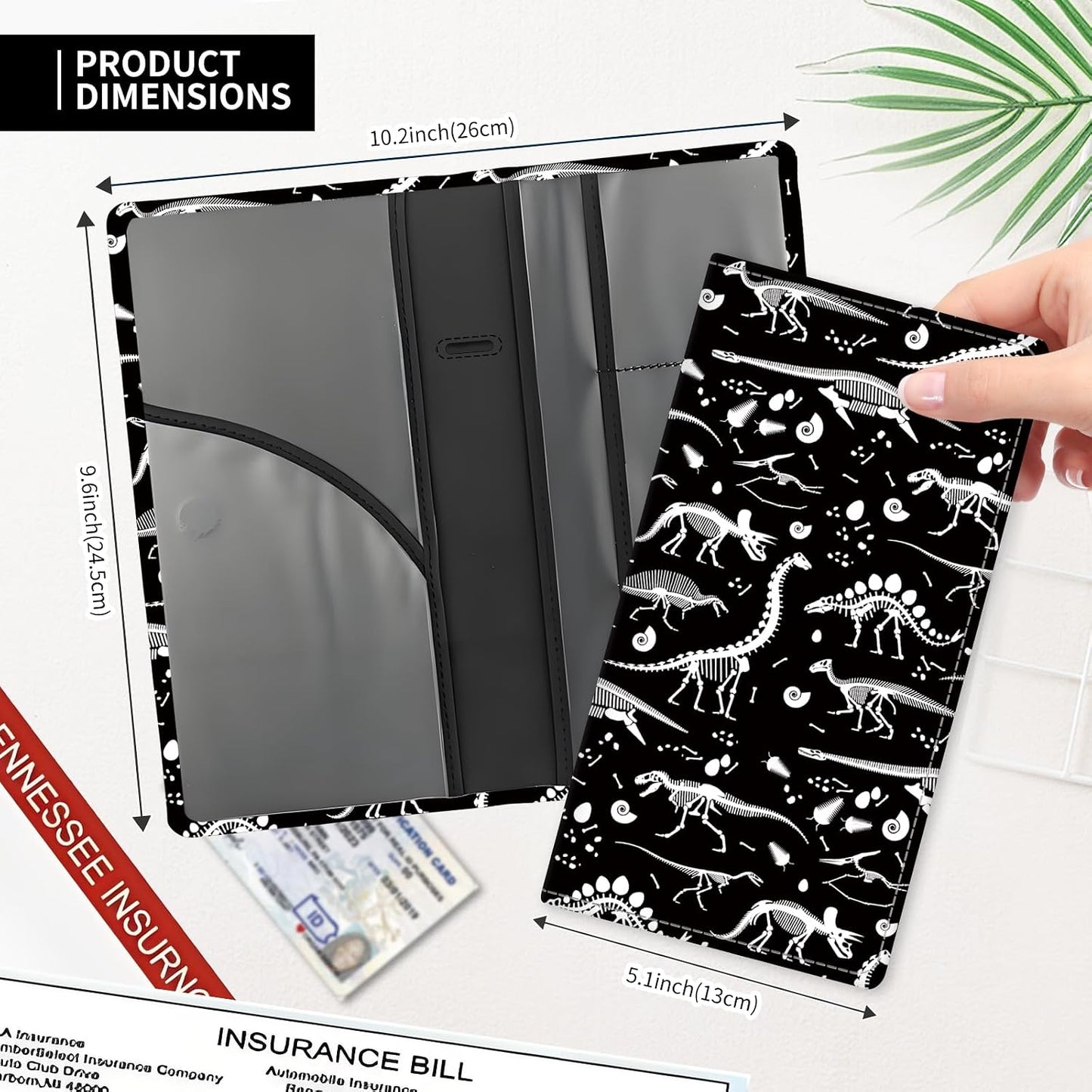 Leather Car Registration and Insurance Card Holder, Cute Car Accessories Vehicle Glove Box Car Organizer for Documents, Cards, License Black White Dinosaur