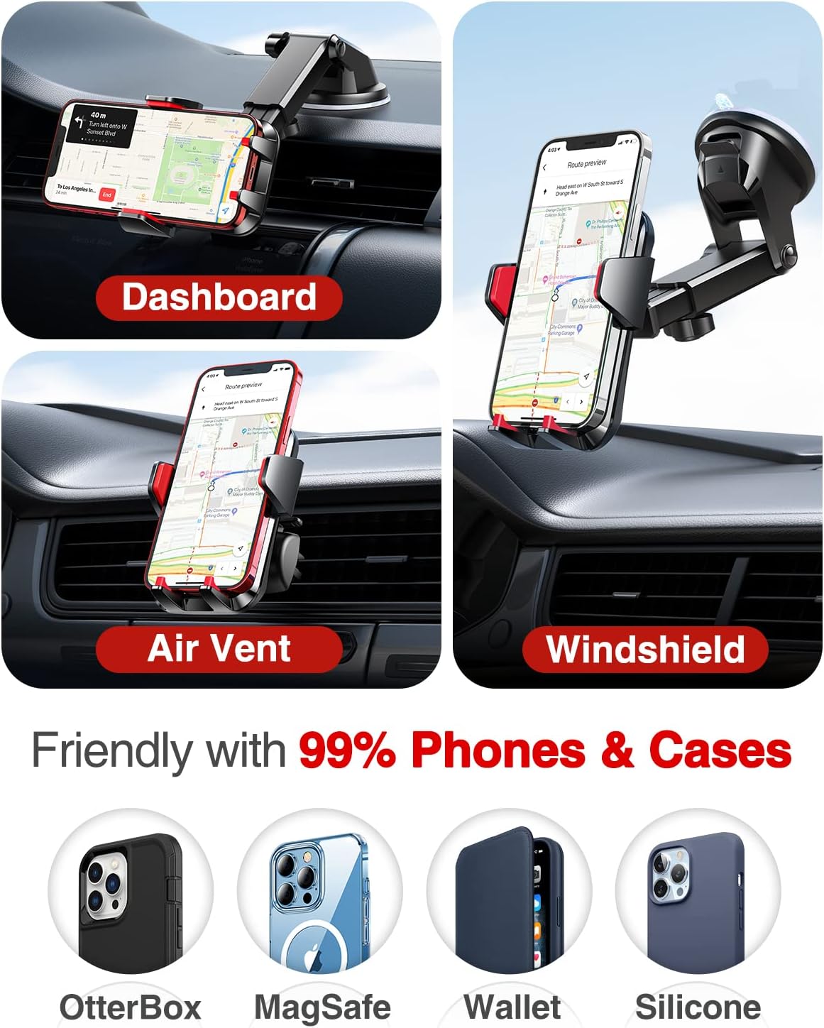 VANMASS【85+LBS Strongest Suction & Military-Grade Ultimate Car Phone Mount【Patent & Safety Certs】 Cell Phone Holder for Dash Windshield Vent for iPhone 17 Pro Max Automobile Interior Sets, Red