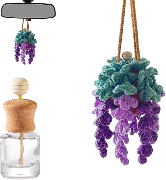 Crochet Car Air Freshener, Empty Refillable Oil Diffuser Bottle with Hanging Crochet Plant for Car Rearview Mirror Decor, Handmade Home and Office Decor (Wisteria)