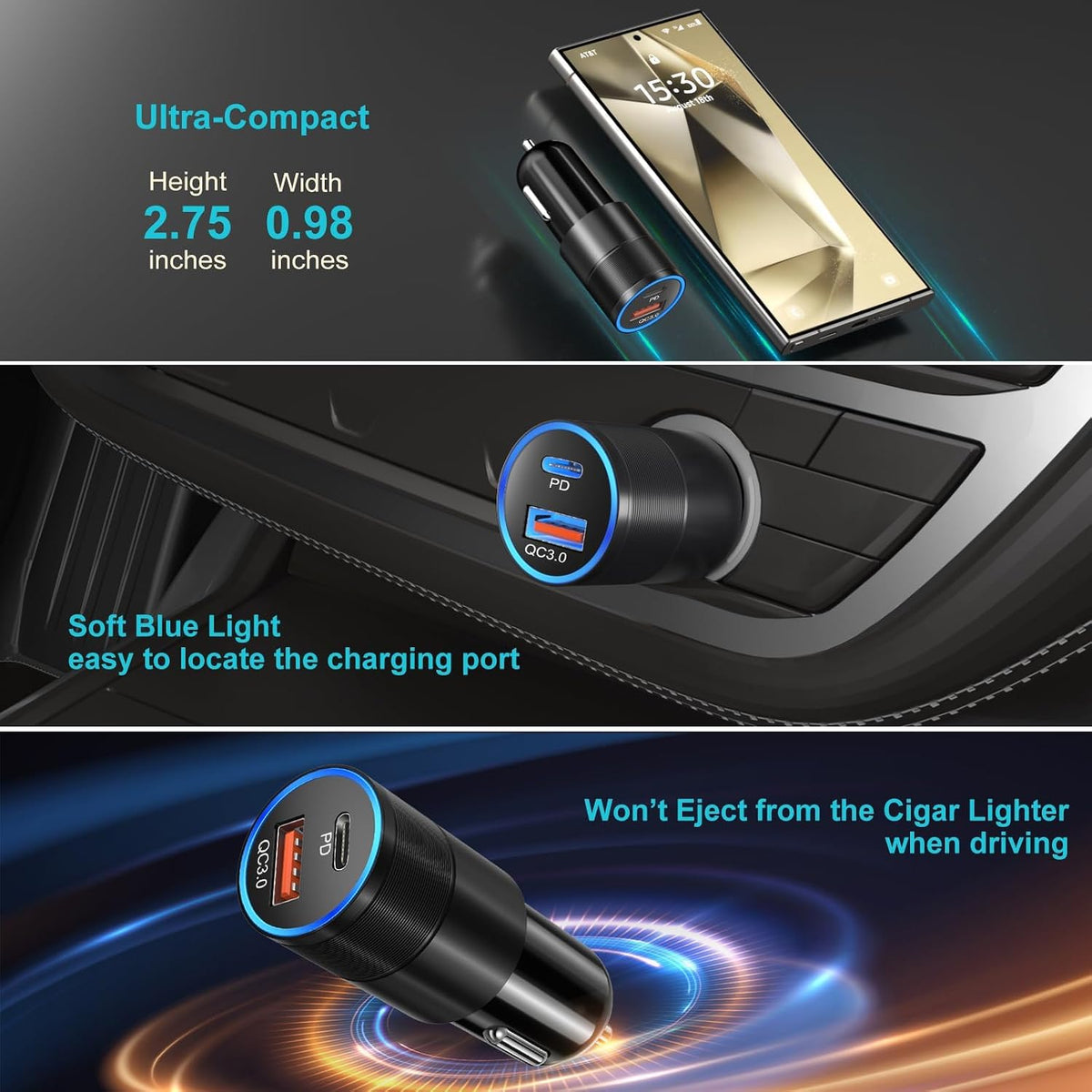 Car Charger Fast Charging Type C, 2X Braided USB C to USB C Cable 6ft