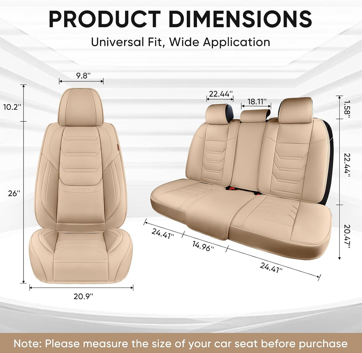 TIEHESYT Beige Car Seat Covers Full Set, Breathable Leather Automotive Front and Rear Seat Covers & Headrest, Automotive Seat Cover, Compatible with Most Cars Sedans SUV Pickup Trucks