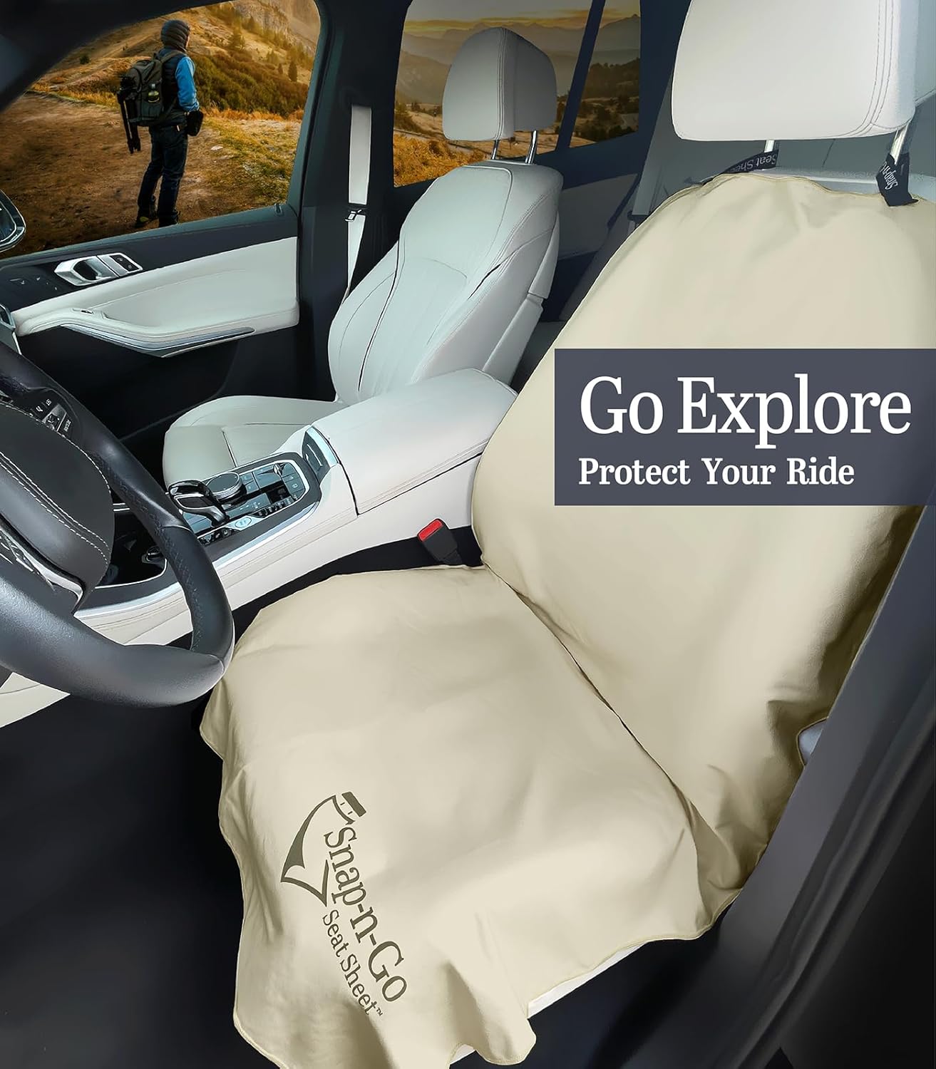 Car Seat Towel Cover After Gym Workout Yoga Pets | Snap-n-Go Seat Sheet™ Universal Fit with Headrest Post Straps, Quick-Dry Washable Sweat Protector for Cars, Trucks, SUVs Interior Protection (Beige)