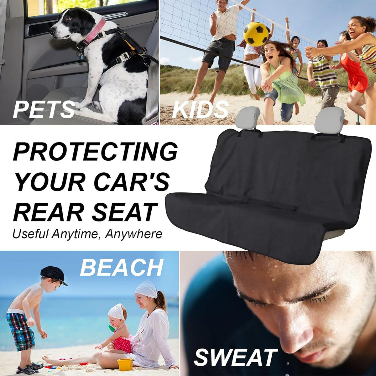 Sweat Towel Car Seat Cover Protector Front Seats for Gym Workout, Running, Swimming, Beach and Hiking, Waterproof Universal Seat Cover for Car, Trucks, Van & SUV (1, Pure Black, Rear Seat)
