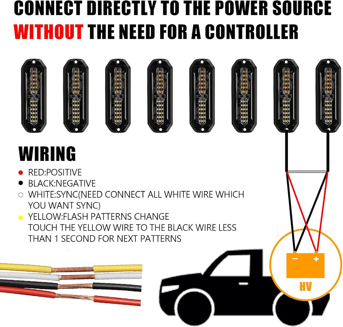 WINECO Amber/White LED Strobe Lights Kit - 8pcs 12-LED Flashing Emergency Warning Lights for Trucks, Cars and Vehicles
