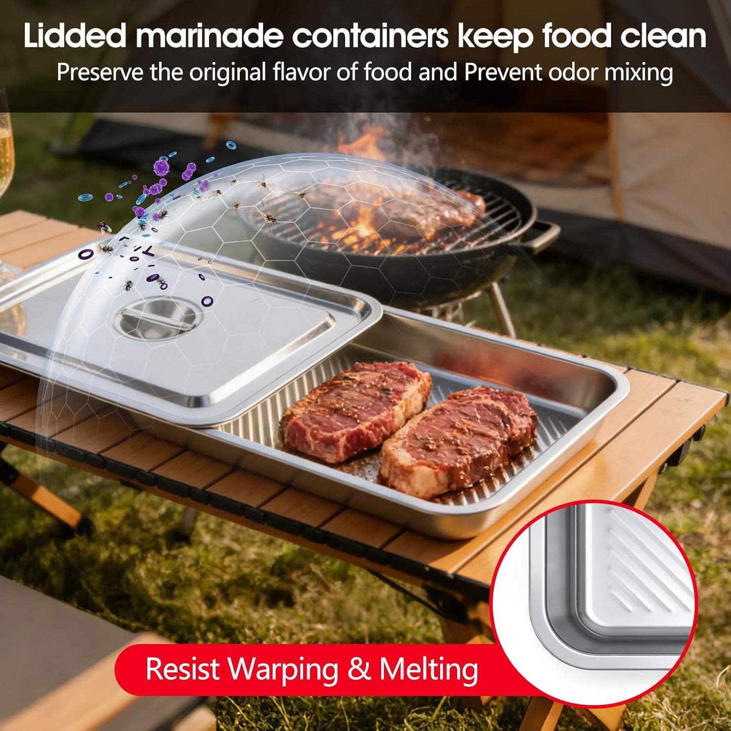 7-in-1 Stainless Steel Grill Prep Trays & Carry System, Large Lidded Marinating Containers with Cutting Board & 2 Food Storage Containers with Lids, Stackable BBQ Grill Accessories for Outdoor Cooking