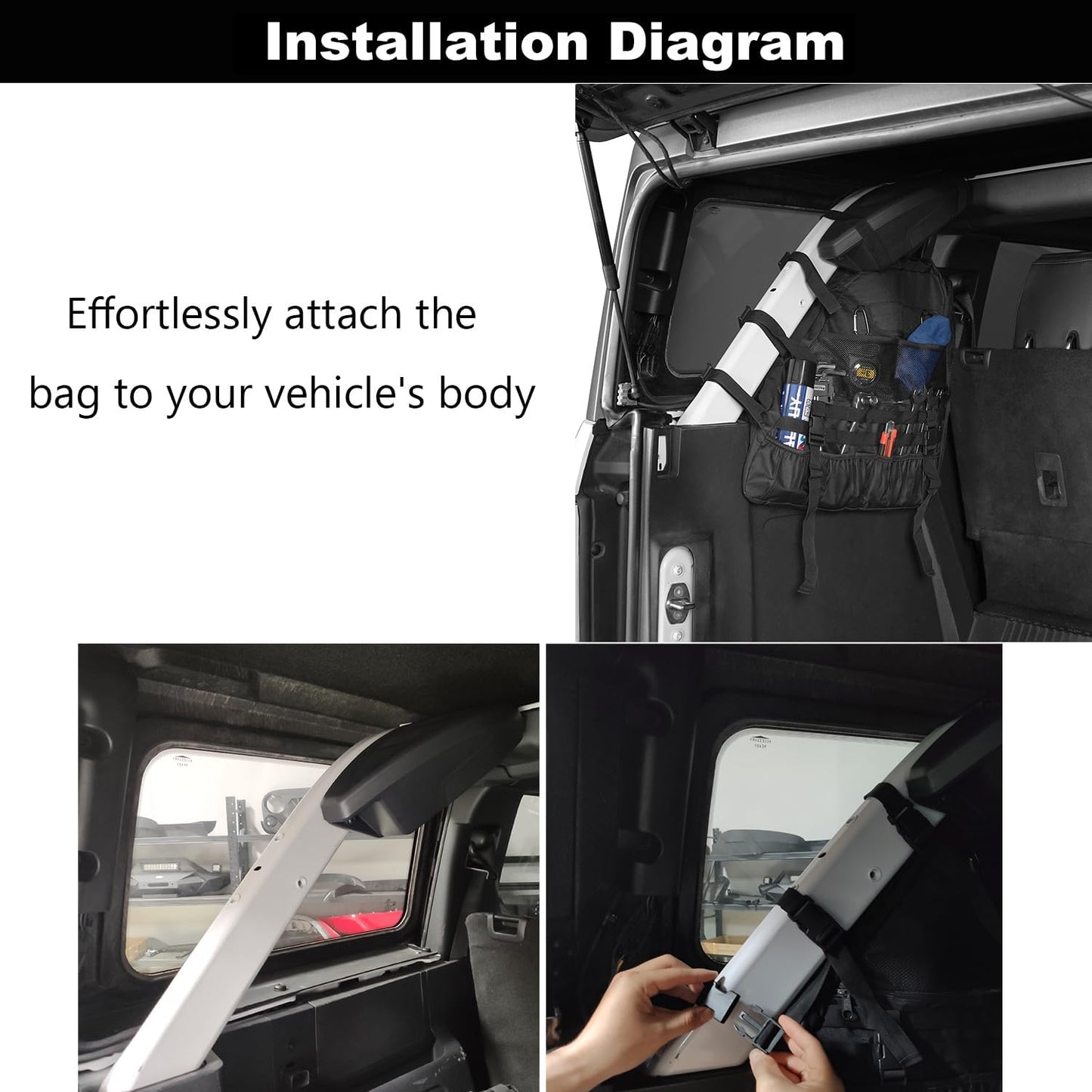 Hooke Road Bronco Roll Bar Storage Cargo Bag Rear Trunk Multi Pockets Cage Organizer for 2021 2022 2023 2024 2025 2026 Ford Bronco 4-Door Interior Accessories (Exclude Bronco Raptor & Sport)
