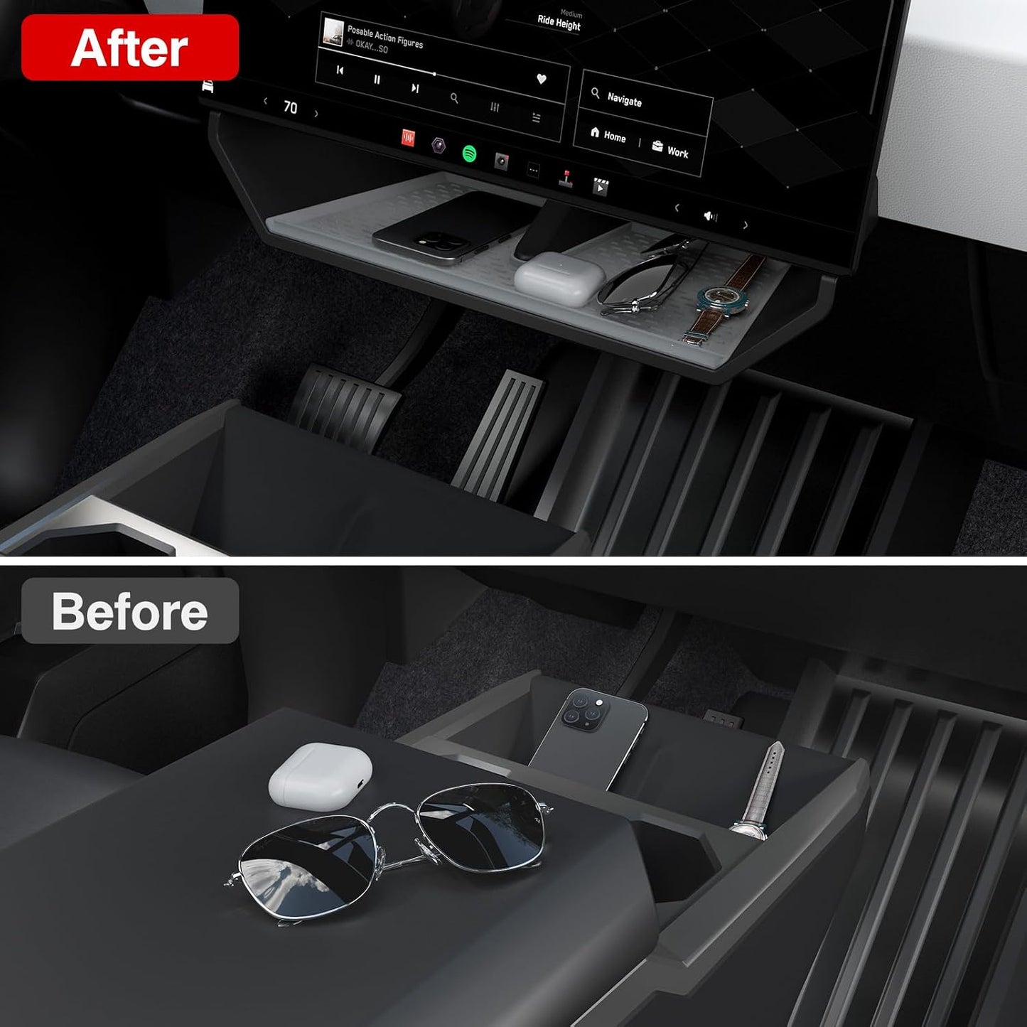 Under Screen Organizer for 2024-2026 Cybertruck Accessories, Center Console Storage Box with Anti-Slip Lining (Dual Motor/Premium AWD & Cyberbeast)