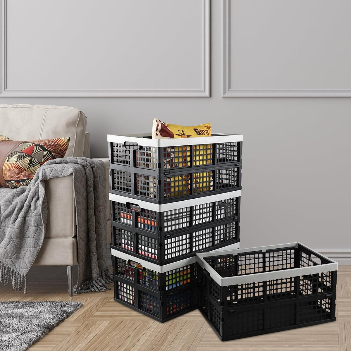 Xyskin 42 L Large Collapsible Storage Crates, 4-Pack Folding Plastic Basket