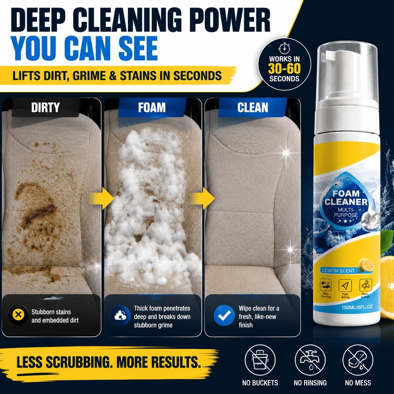 Multi-Purpose Foam Cleaner for Car Interior and Upholstery, 150ml | Leather & Fabric Seat & Dashboard Cleaner, Vinyl & Surface Foam Spray. Deep Cleaning Kit with Plant-Derived Formula