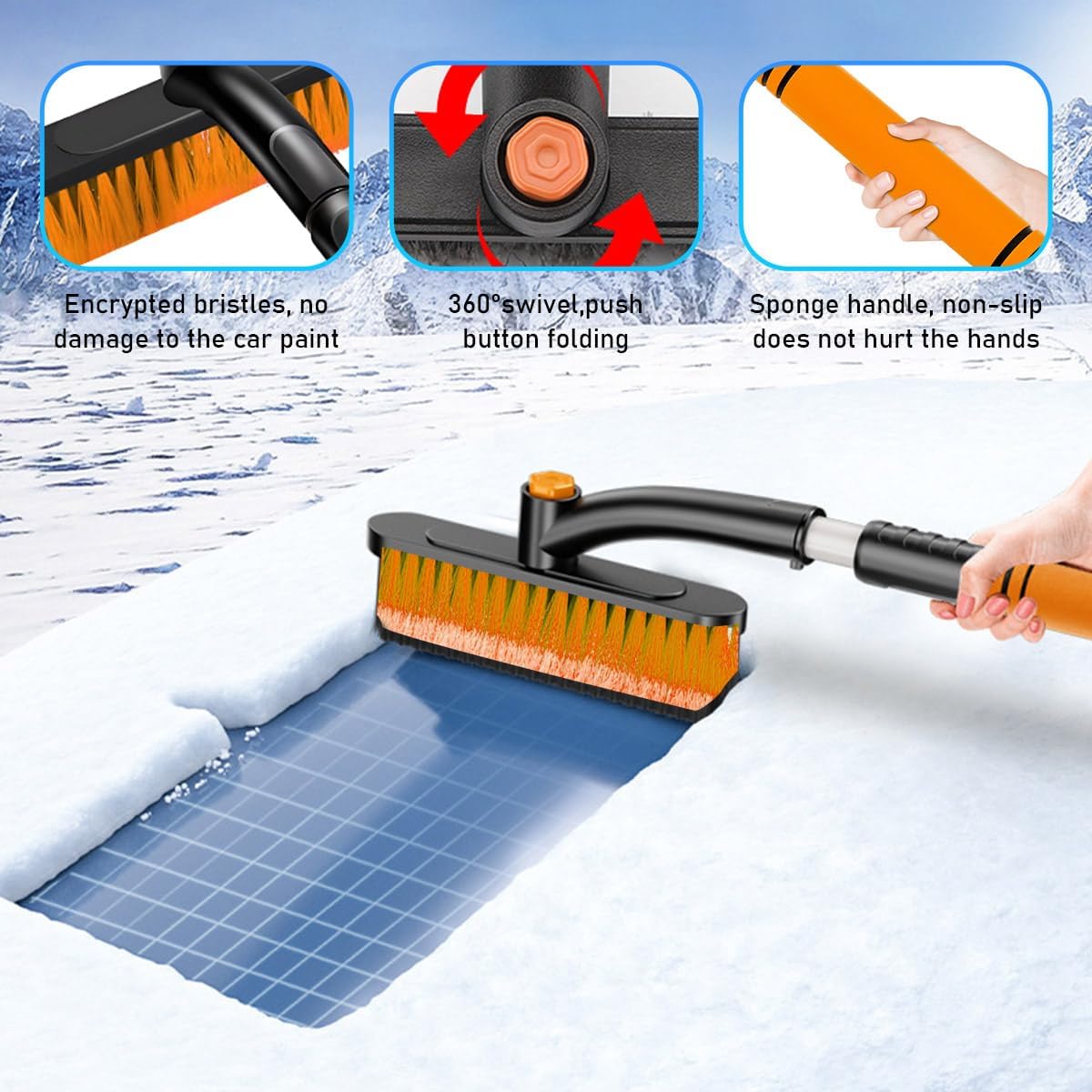 Ohleats 31.5" Ice Scraper and Extendable Snow Brush, 360° Pivoting Snow Brush Head with Foam Grip, Detachable Ice Scraper with Soft Bristle Head for Car Truck SUV Window Windshield (Orange)