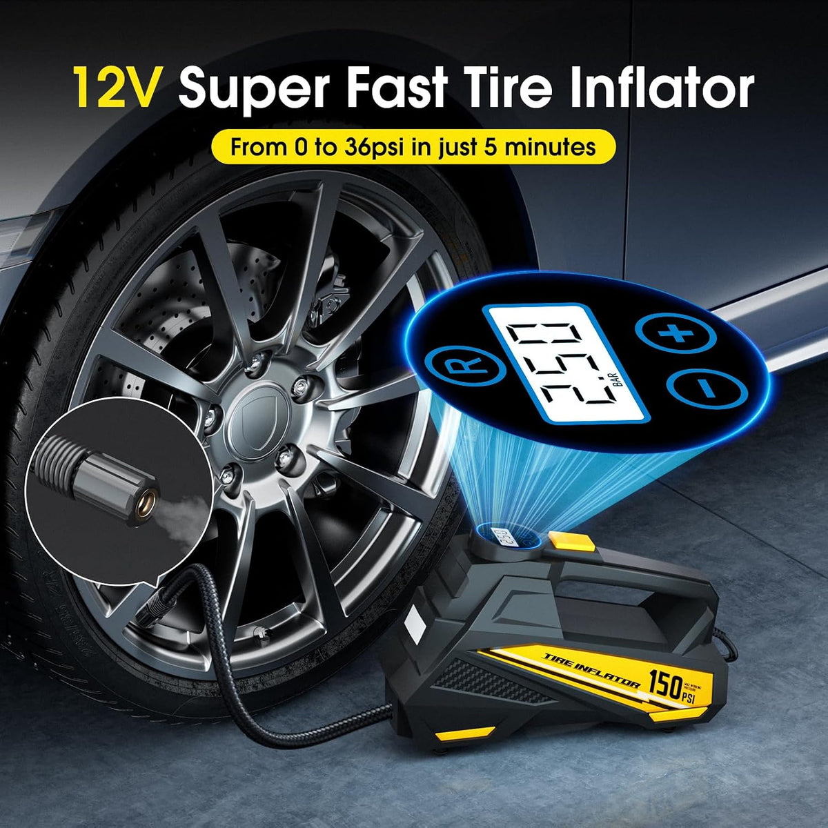FLYKID Tire Inflator Portable Air Compressor- 12V DC Air Pump for Car Tires with 150PSI LCD Digital Gauge & Emergency LED Light,Auto Tire Pump for Cars,Motorcycles,Bikes,Balls (Yellow, Large)