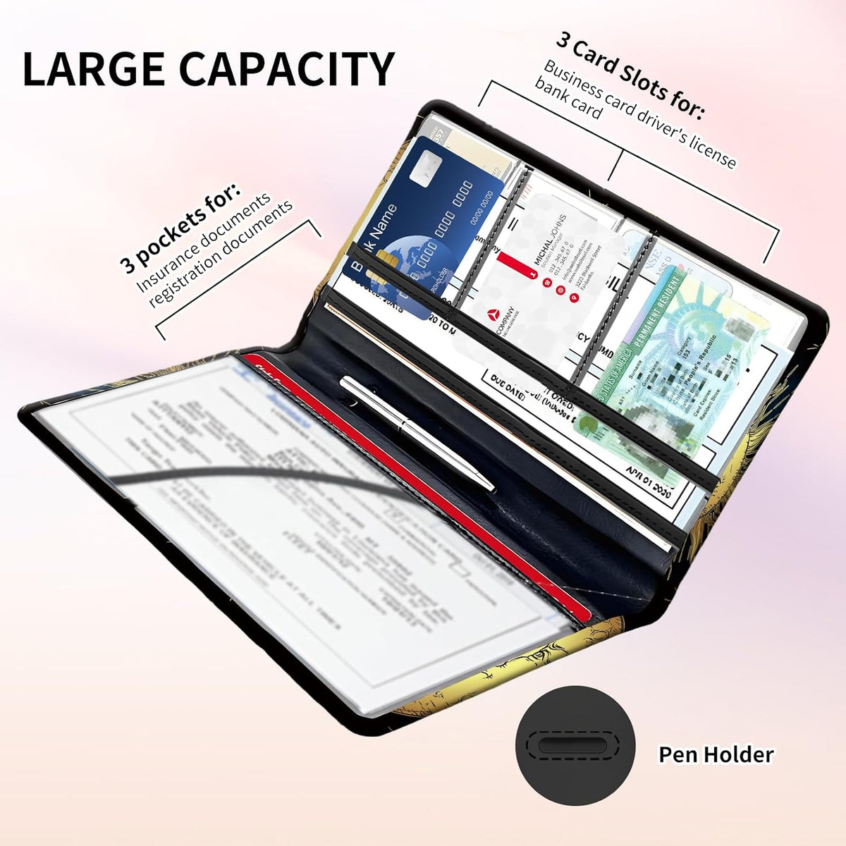 Premium Car Registration and Insurance Card Holder, Cute PU Leather Car Document Holder, Vehicle Glove Box Car Organizer with Magnetic Closure for Driver License, Cards Golden Sun and Moon