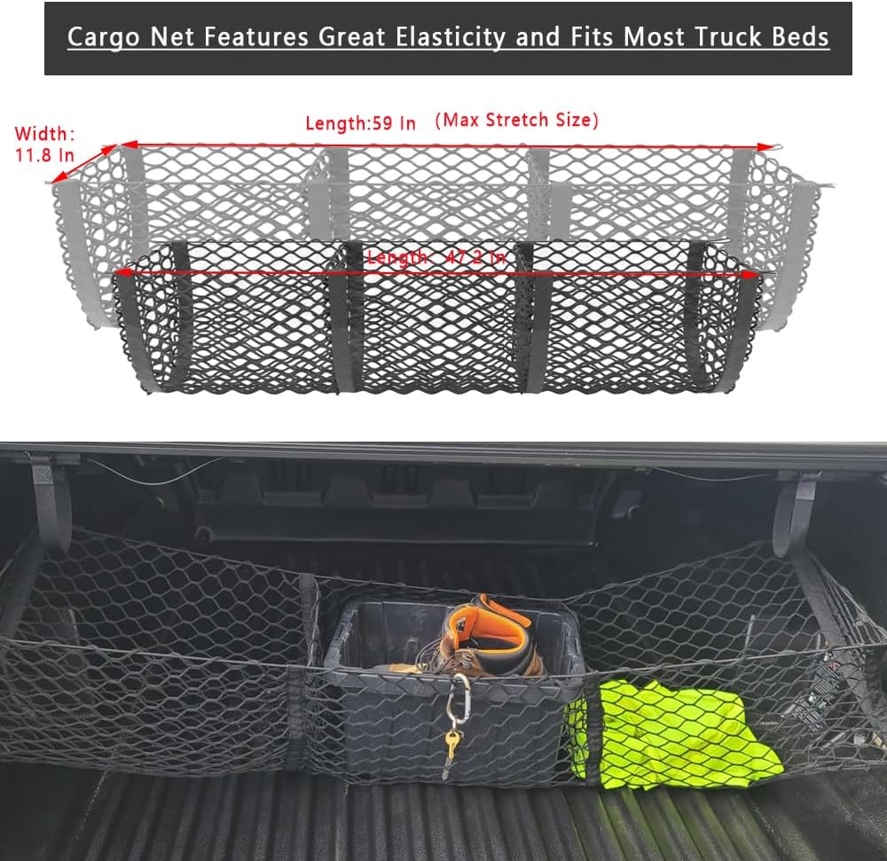 3 Pockets Truck Bed Cargo Net for Most Pickup Toyota Ford Dodge GMC Sierra Chevy Silverado Heavy-Duty Elastic Truck Organizer & Storage Grocery Holder Pickup Tailgate Netting -51.18"x 11.8"