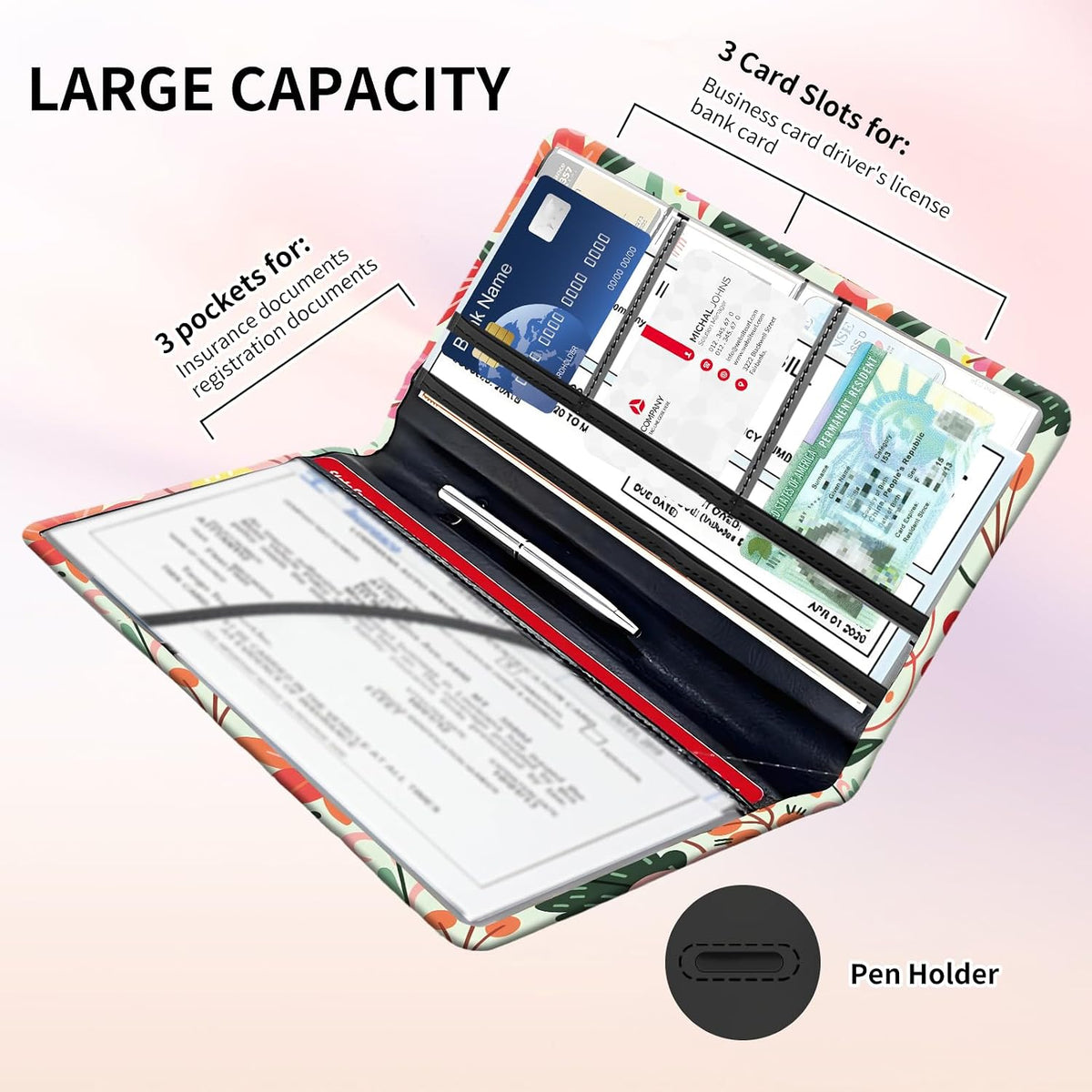 Premium Car Registration and Insurance Card Holder, Cute PU Leather Car Document Holder, Vehicle Glove Box Car Organizer with Magnetic Closure for Driver License, Cards Bright Exotic Floral