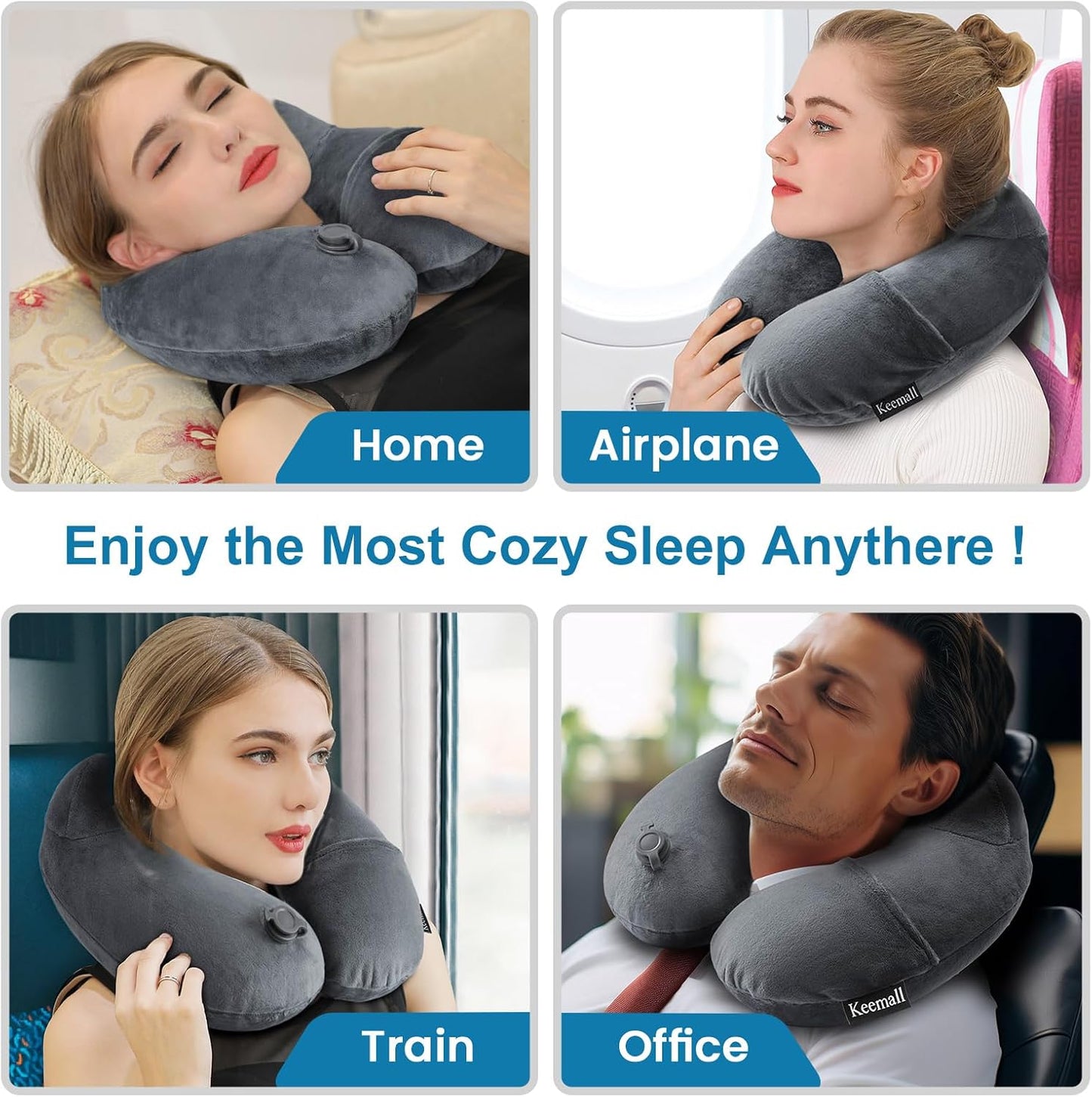 Keemall Inflatable Travel Pillows for Airplanes, Easy Blow Up Inflatable Travel Neck Pillows for Air Travel Sleeping Long Flight, Comfort Travel Air Pillows for Car Train Office Nap Camping