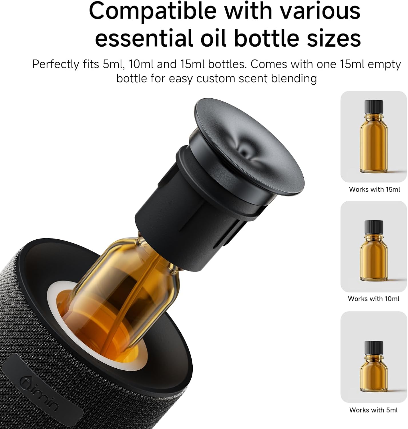 Nimin Smart Auto Start-Stop Car Diffuser, Waterless Essential Oil Diffuser for Home & Car, 2000mAh Battery Powered Cordless Scent Machine, Fits 5/10/15ml Bottles, Black