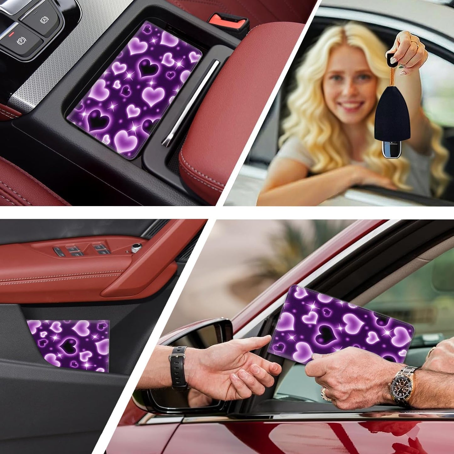 Car Document Holder with Magnetic Shut, PU Leather Car Registration & Insurance Card Holder for Driver License, Cards & Essential Documents, Vehicle Glove Box Organizer, Purple Heart Balloon Pattern