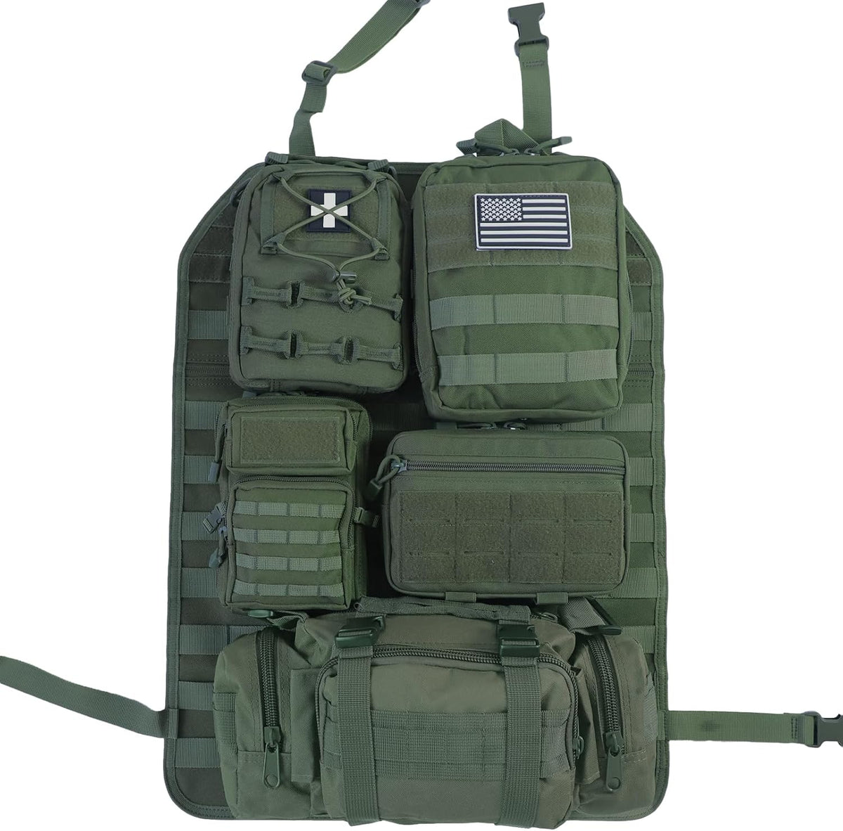 Universal Tactical Seat Back Organizer Vehicle Molle Panel Organizer Storage Bag with 5 Detachable Molle Pouch for All Vehicel Such as Jeep,Truck,SUV, Car, Ford,Chevy etc