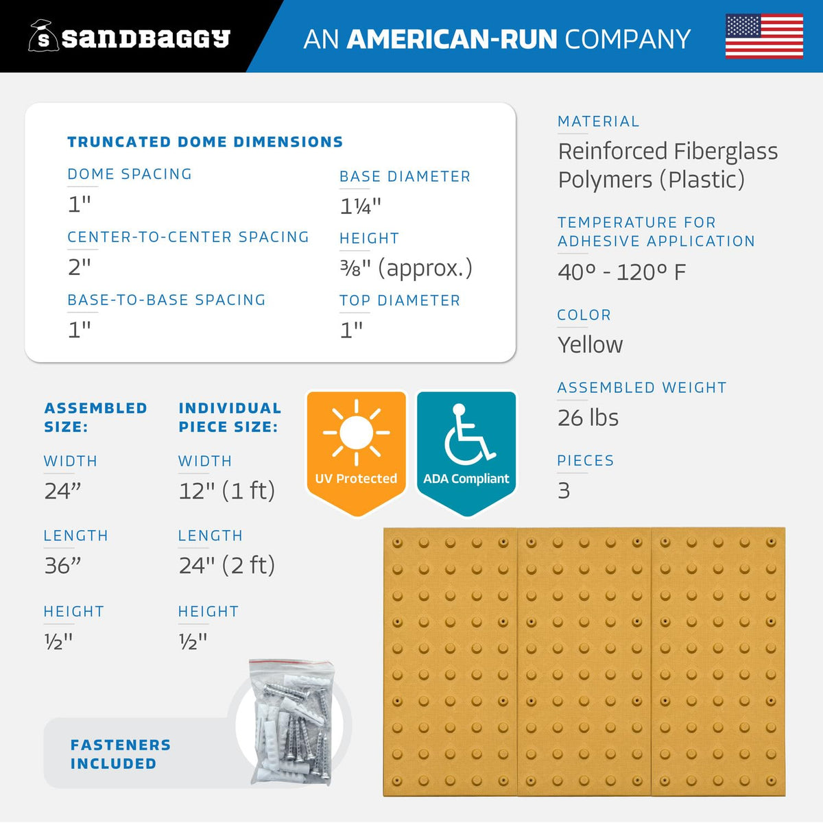 Sandbaggy 24" x 36" ADA Warning Pads Set (Assembled Size) - Fasteners Included - ADA Compliant - Surface Mounted Truncated Domes (1, 24" x 36")