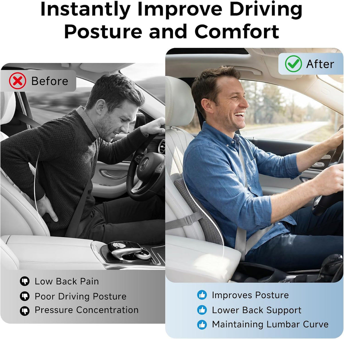 Lumbar Support Pillow for Car & Office Chair - High-Density Memory Foam Back Cushion for Sciatica & Lower Back Pain Relief - Non-Slip Support for Long Commutes & Desk Workers (3D Mesh Gray)