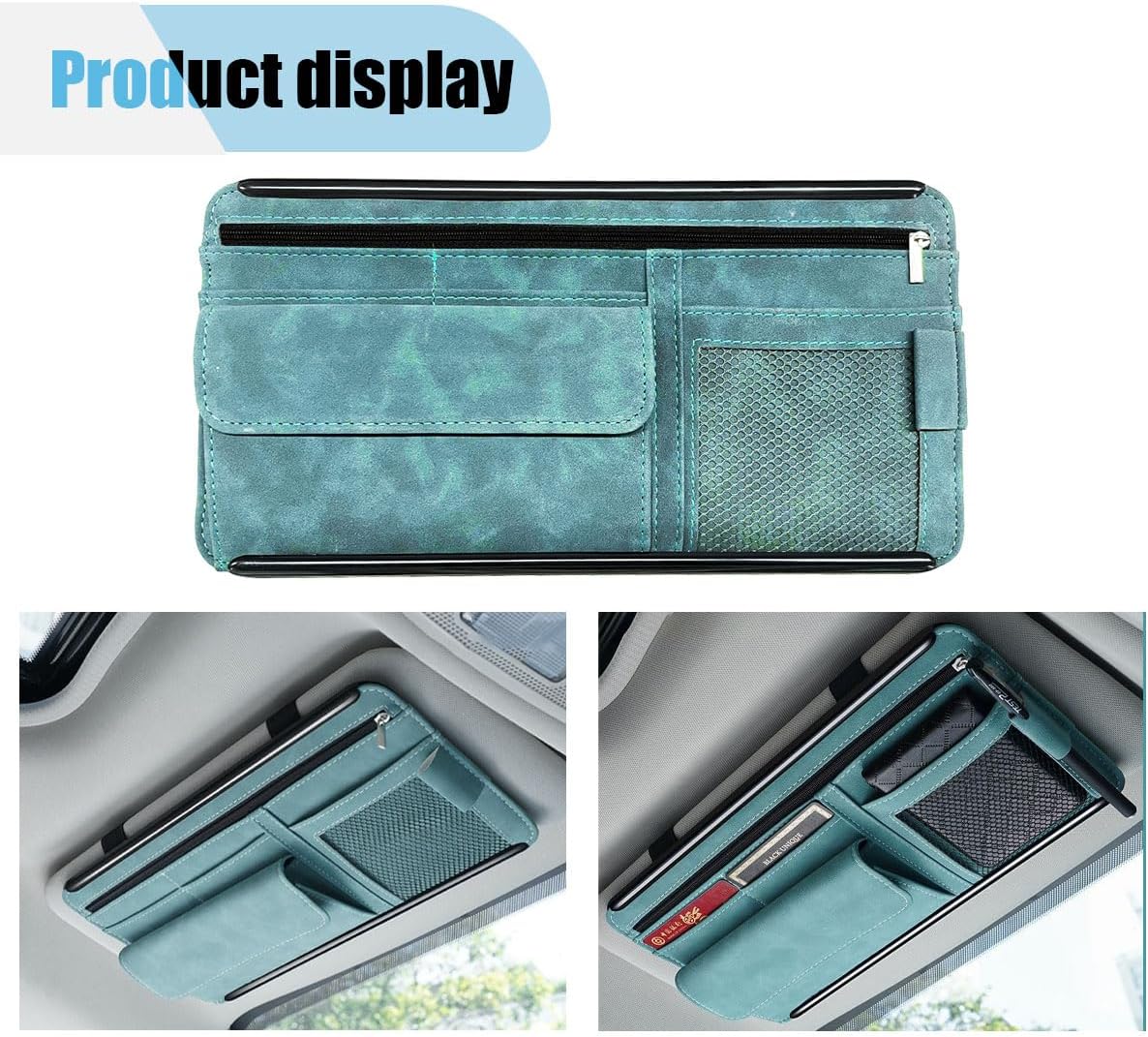 Car Sun Visor Organizer, Car Storage Pouch Holder with Multi-Pocket Net Zipper, Suede Note Holder Car Visor Storage Organizer with Glasses Case, Sunglass Holder for Car Interior Accessories (Blue)