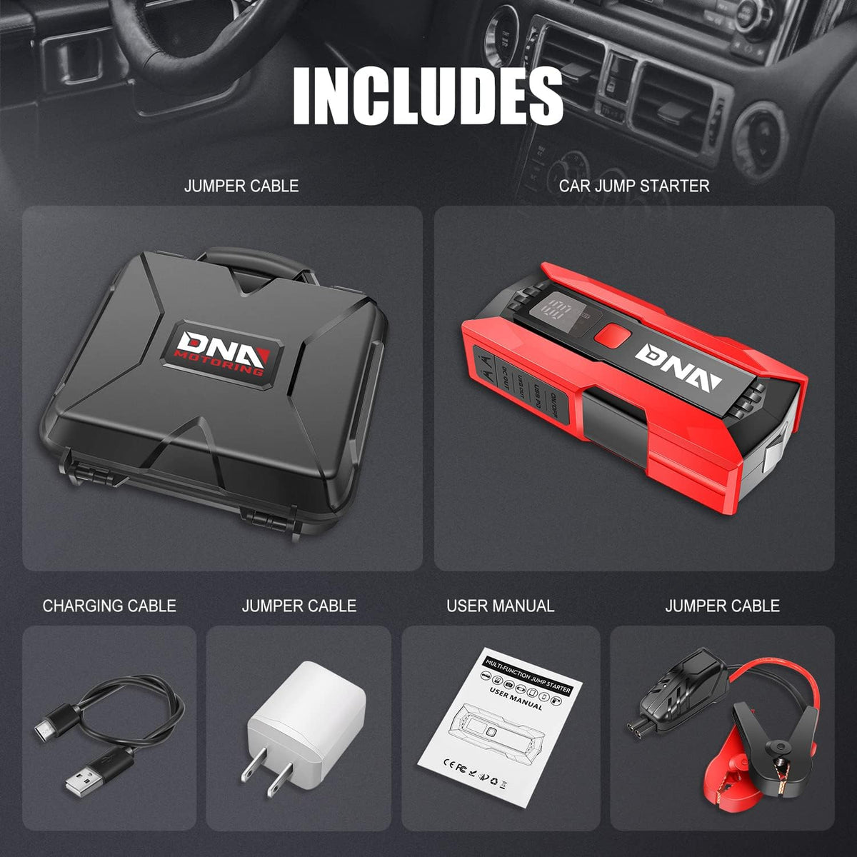 DNA Motoring 12V 2000A Peak Multi-Function Portable Car Battery Jump Starter for Up to 8.0L Gas / 6.3L Diesel Engine, with Carry Case,TOOLS-00275