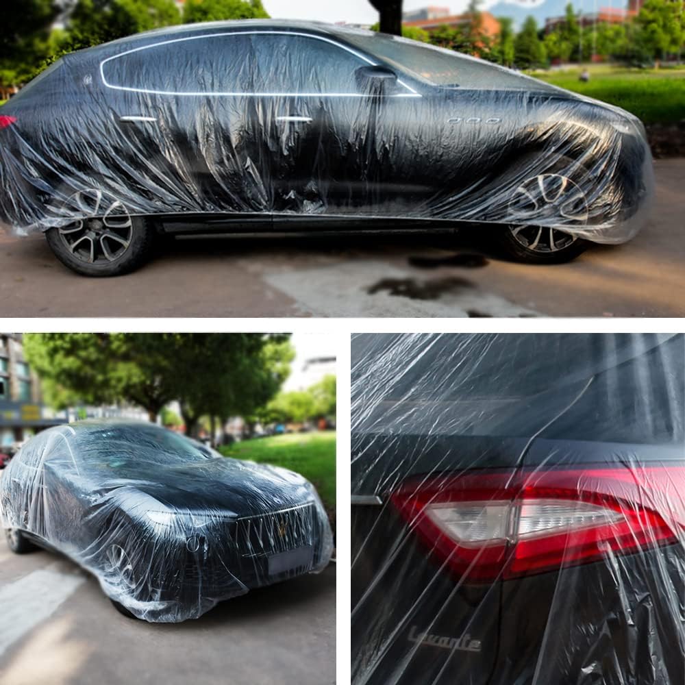 LuliKa 3 Packs Disposable Car Cover Clear Plastic Car Cover Universal Rain Dust Garage Cover with Elastic Band Medium (12.4 FT x 21.6 FT)…