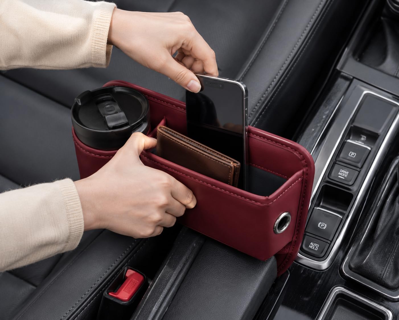 Car Seat Gap Filler Organizer with Cup Holder, Premium Leather Seat Gap Filler, Anti-Drop Car Seat Gap Organizer for Phone, Keys & Wallet, Universal Front Seat Console Organizer for Car, SUV & Truck