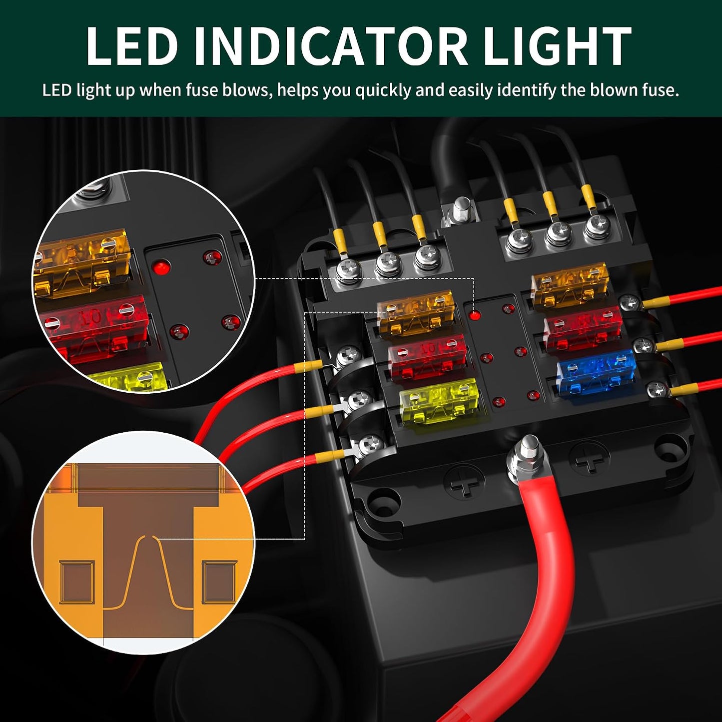 DaierTek 12V Fuse Block 6 Way 12 Volt Fuse Box ATO/ATC Marine Fuse Panel with LED Indicator Light Waterproof 24V for Automotive Boat Car Truck