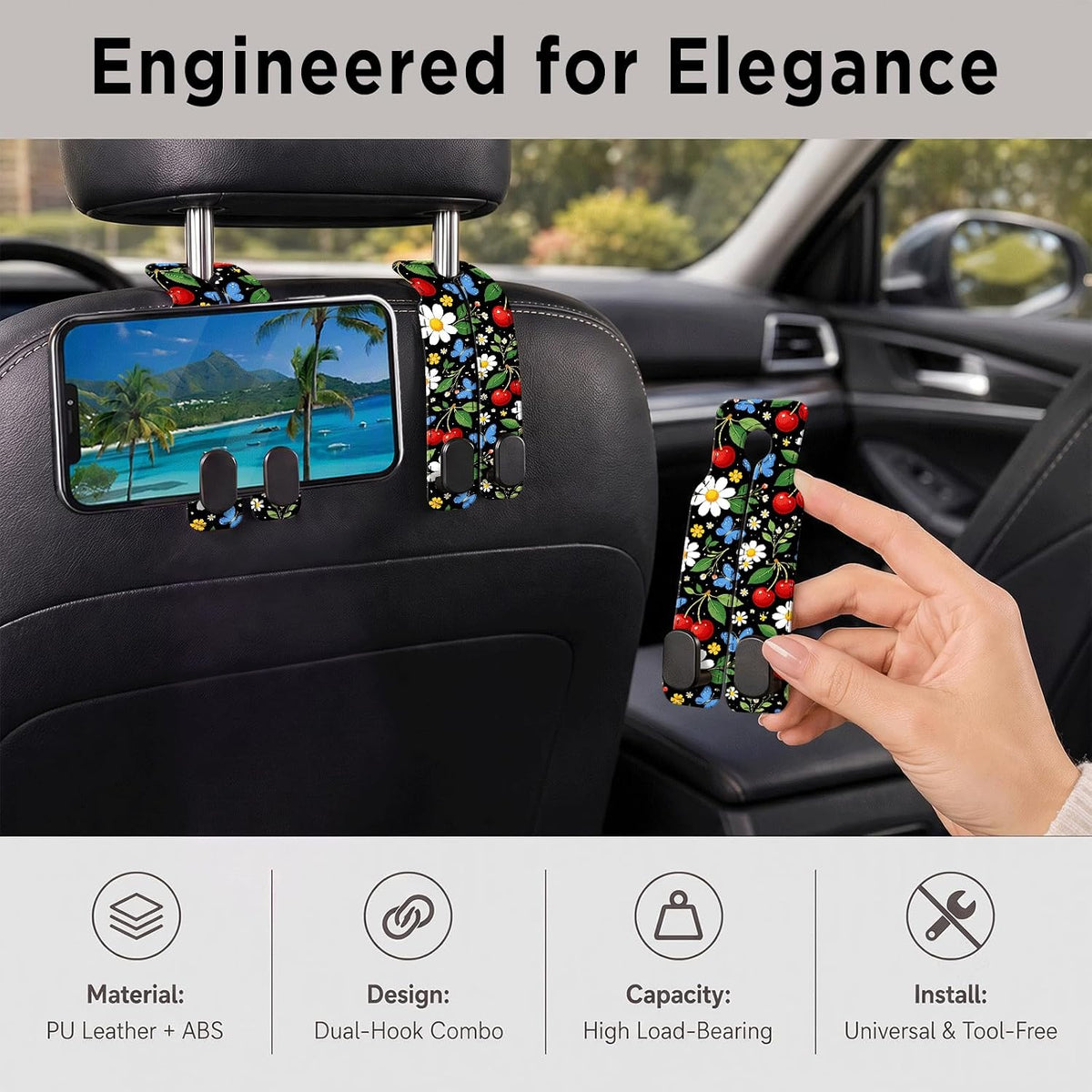 AHGSKJDG Car Seat Headrest Hook, PU Leather Car Purse Hook, Heavy Duty Double Metal Seat Back Storage Hook for Purses Handbags Bags, Car Organizer Accessories Cute Cherry Flower