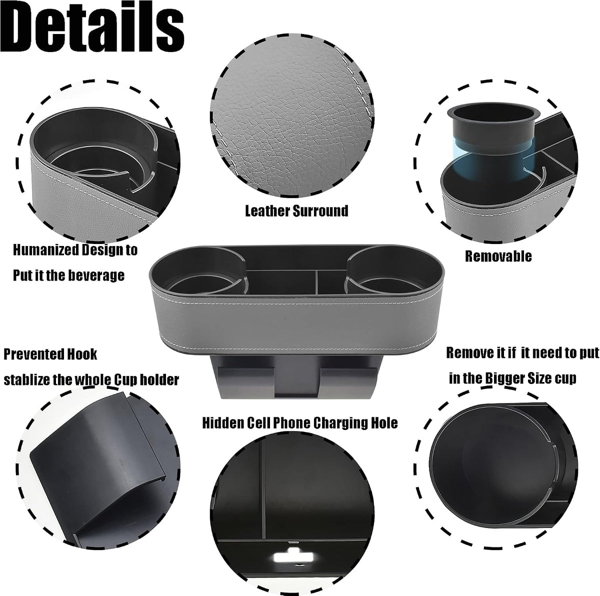 IOKONE Console Side Pocket, Cup Holder for Car, Easy Install, Slim Gray