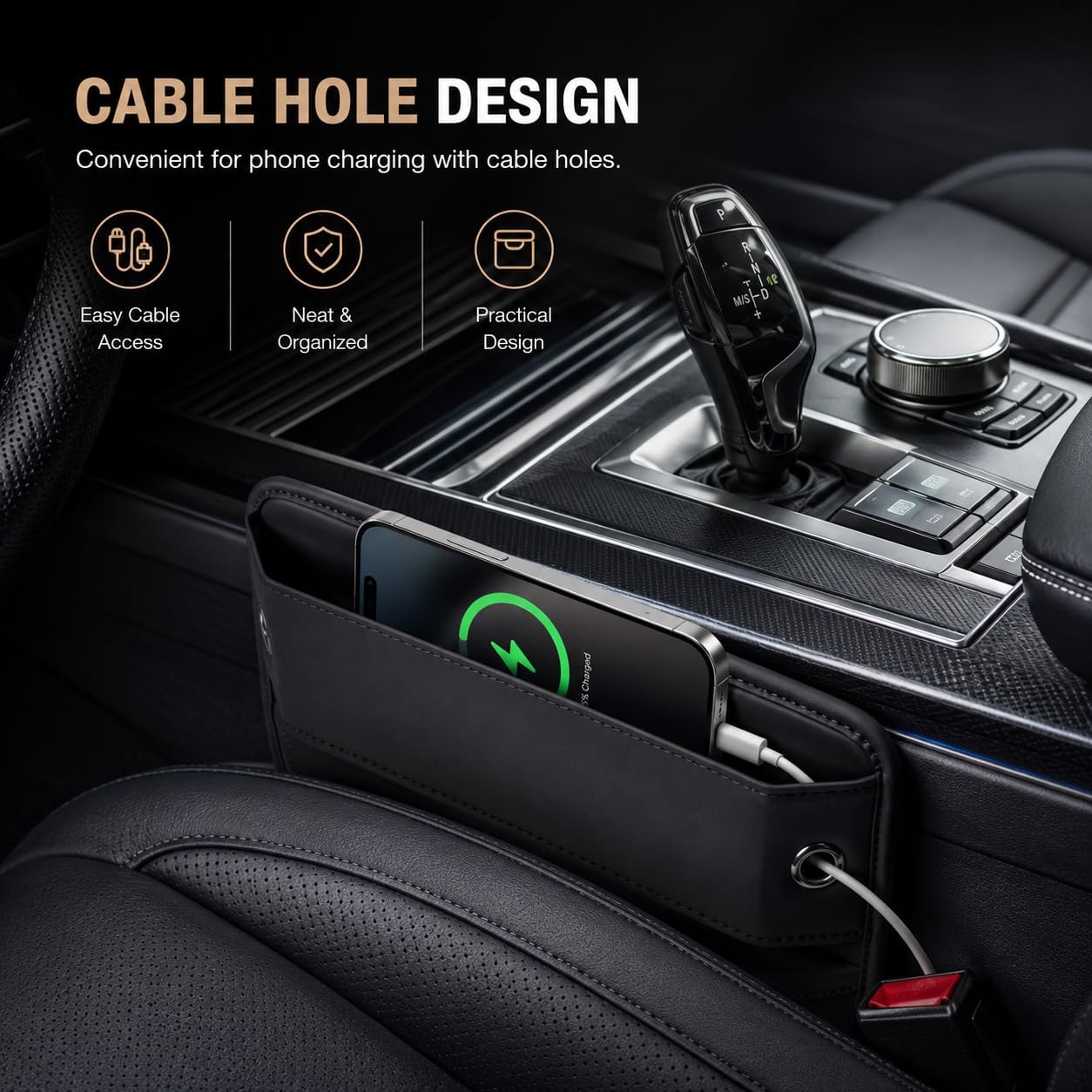 Premium Leather Car Seat Gap Filler Organizer, Universal Center Console Storage for Phone Keys Wallet, Car Accessories for SUV Truck Sedan(2Pack) (Black)