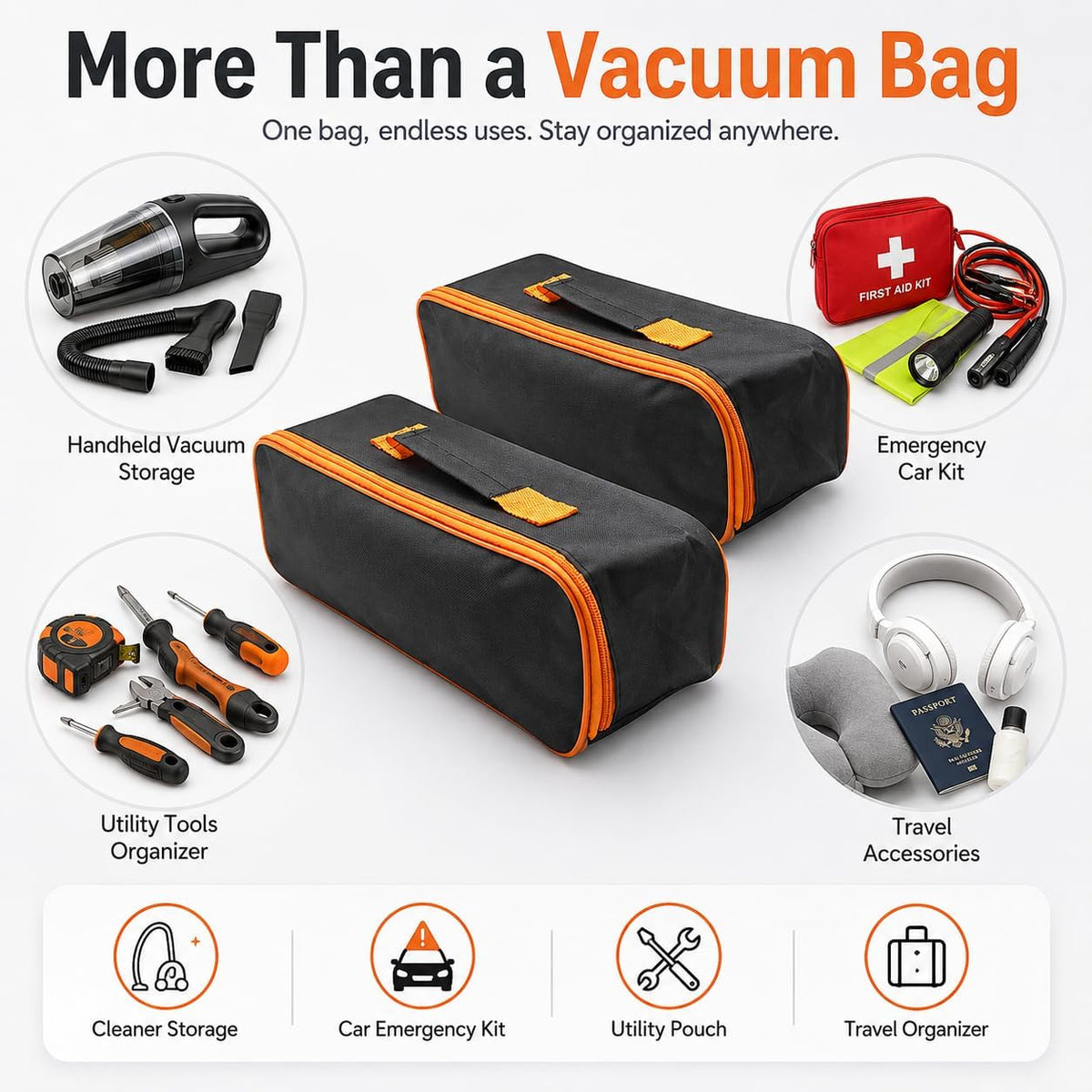 Vacuum Cleaner Storage Bag 2-Pack Portable Car Kit Tool Storage Case for Vacuum Cleaner and Accessories Foldable Organizer with Wide Handle 14.56 X 5.11 X 4.33 in