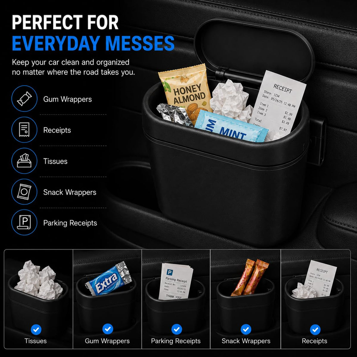 Car Trash Bin with Clip & Bags, Push Lid, Black, 1-Pack