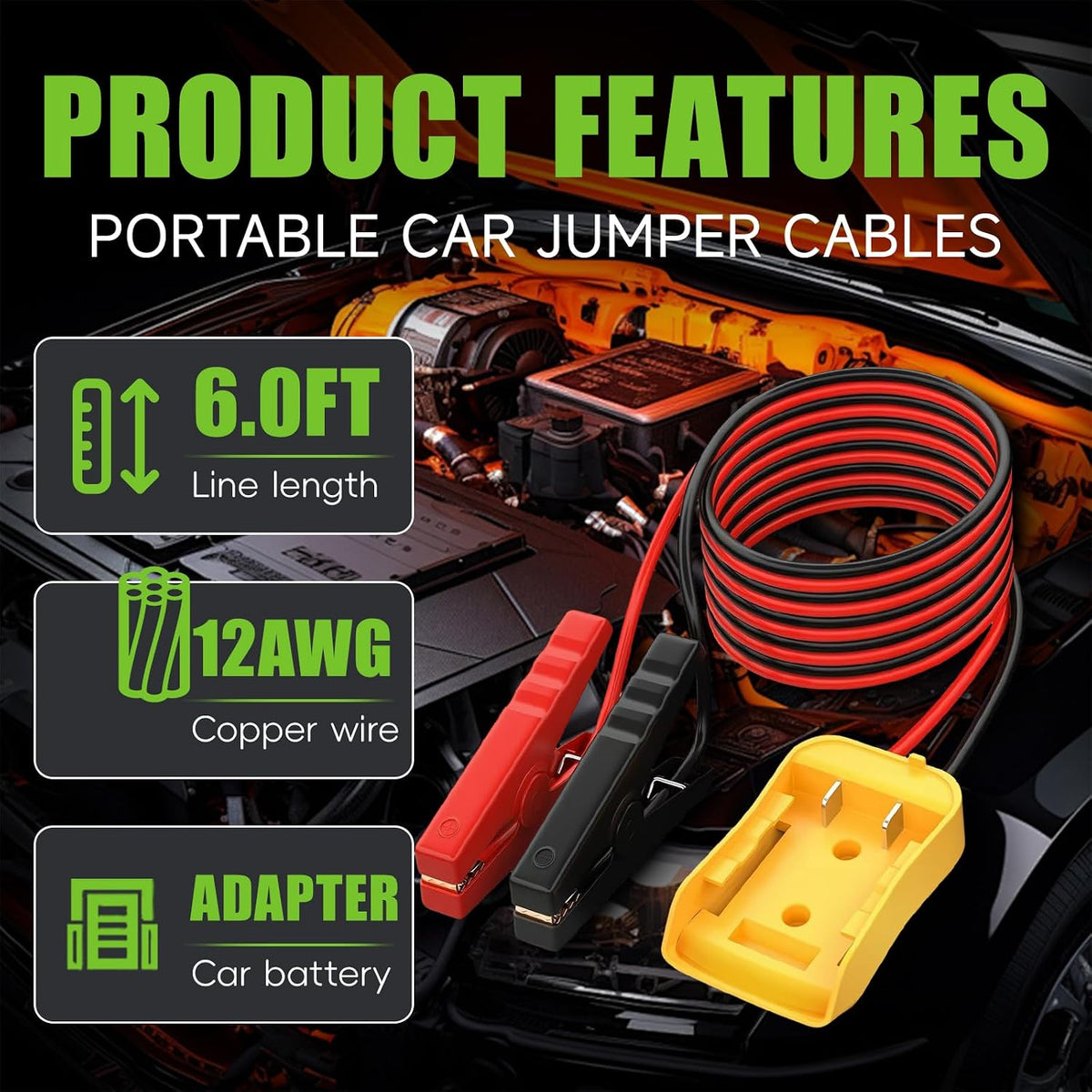 Adapter 20v with 6ft Jumper Cable Clamps Portable car Jump Starter for dewalt Jumper Power wheelscharger for dewalt Power Wheels Adapter