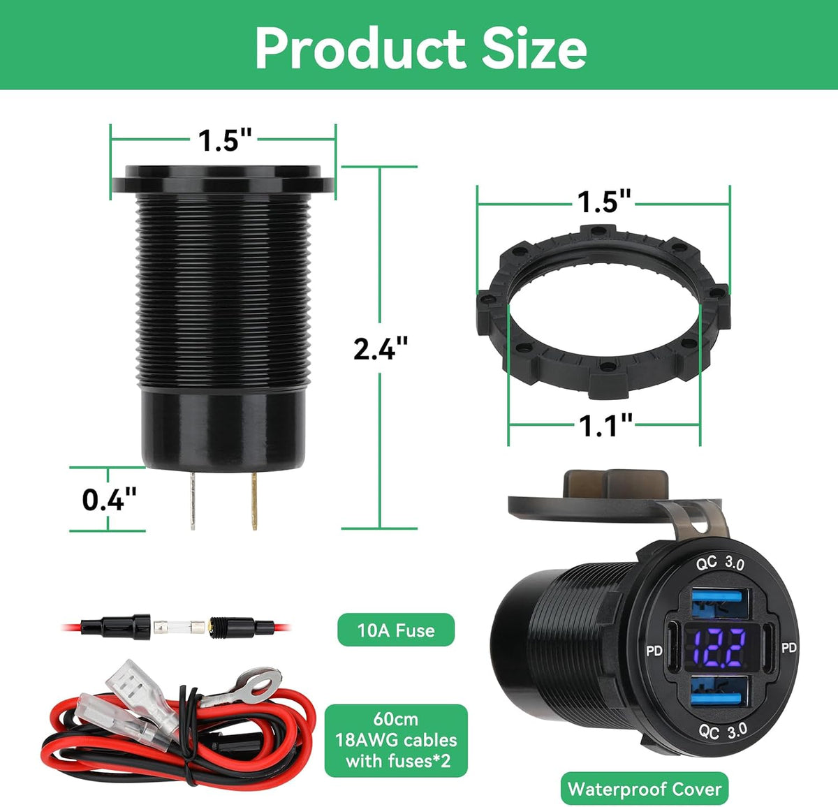 2 Pack 12V USB Outlet 4-Port, 78W Dual PD30W & QC3.0 Fast Charger