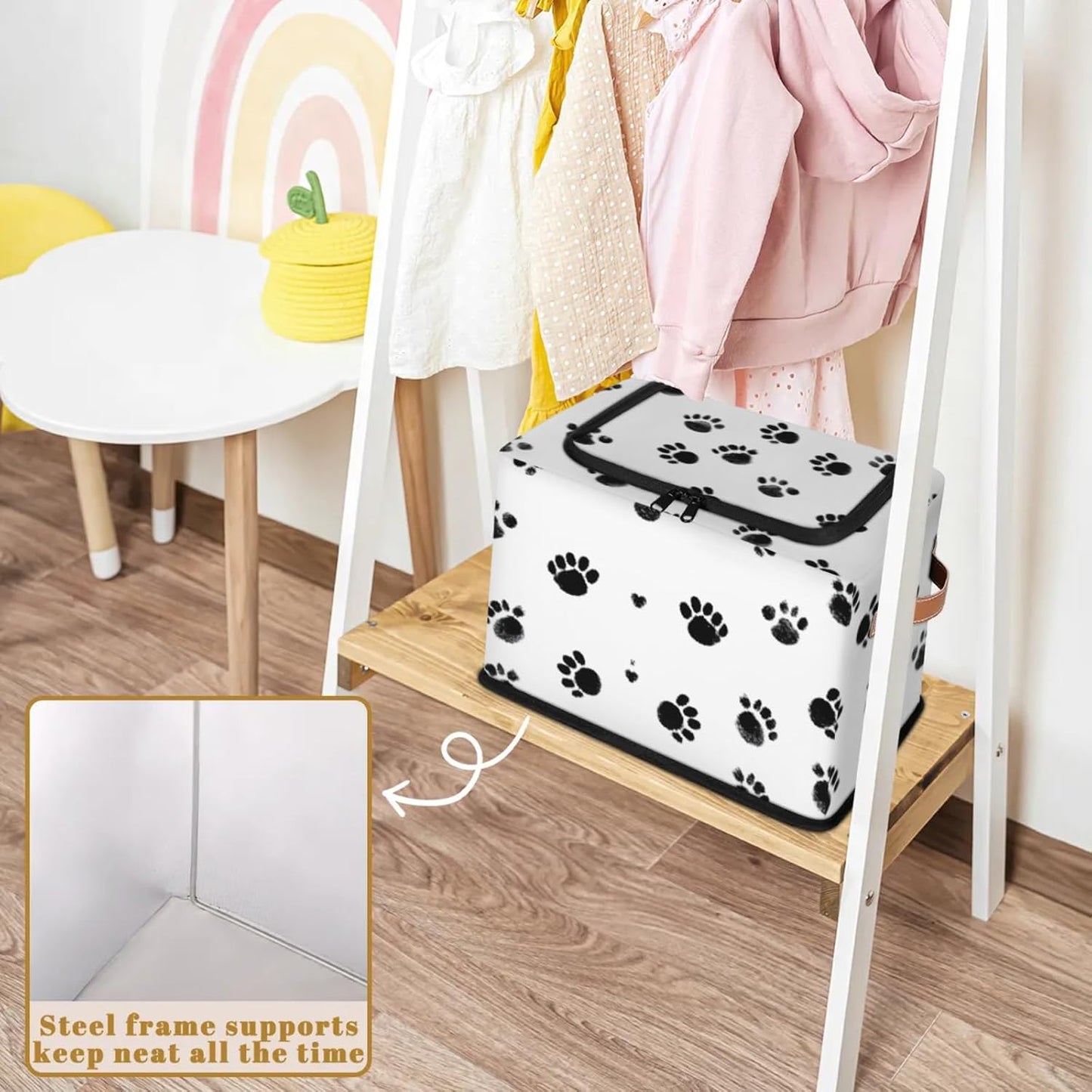 Dogs Footprints Storage Bins With Zipper Lid, Collapsible Trunk Organizer, Car Organizers and Storage Bins with Lids, Decorative Storage Boxes with Handle, Home Storage Baskets for Organizing