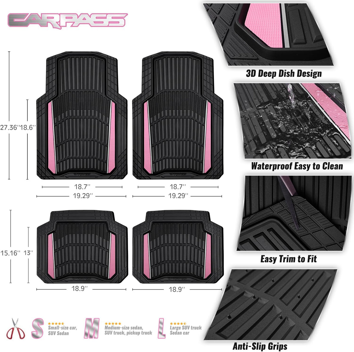 CAR PASS Heavy Duty Rubber Car Floor Mats, Deep Waterproof Car Floor Mats All Weather, Aluminum Film Floor Mats for Cars Non-Slip Universal Trim to Fit for SUVs Trucks Sedans Vans, Black Pink Metallic