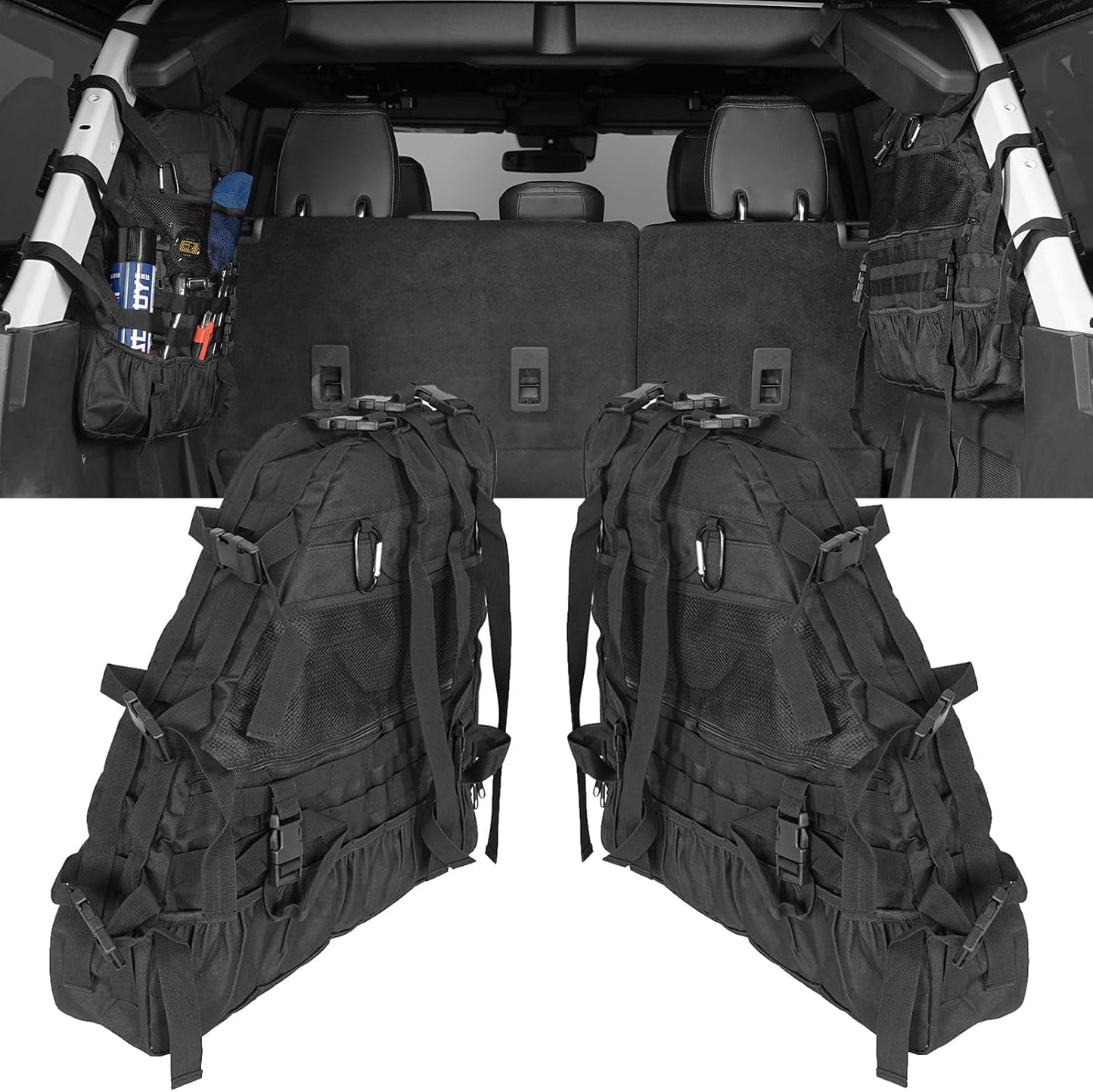 Hooke Road Bronco Roll Bar Storage Cargo Bag Rear Trunk Multi Pockets Cage Organizer for 2021 2022 2023 2024 2025 2026 Ford Bronco 4-Door Interior Accessories (Exclude Bronco Raptor & Sport)