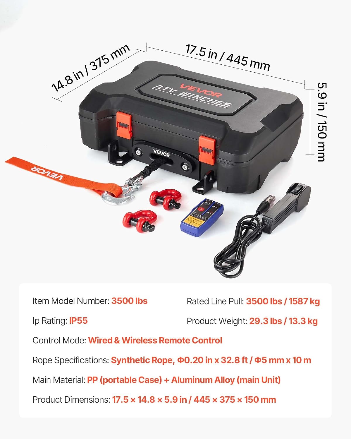 VEVOR Portable Winch, 3500 lbs 12V DC Electric Winch with Synthetic Rope, Wireless & Wired Remotes, Box-Style Recovery Kit with Fairlead, Clevis Hook, Strap for ATV UTV Off-Road Outdoor Pulling Tasks
