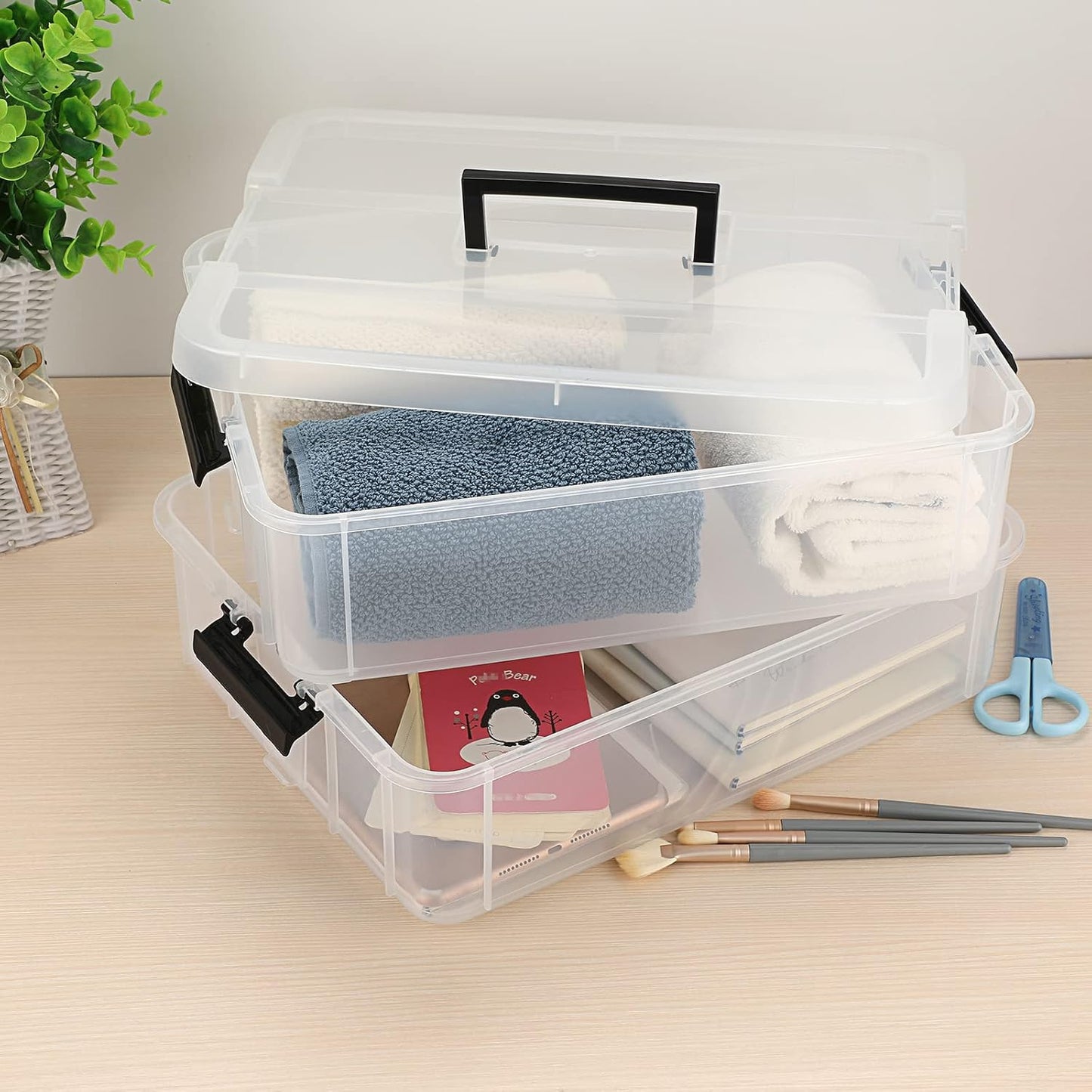 BTSKY 2 Layer Stack & Carry Box, Plastic Multipurpose Portable Storage Container Box Handled Organizer Storage Box for Organizing Stationery, Sewing, Art Craft, Jewelry and Beauty Supplies Black