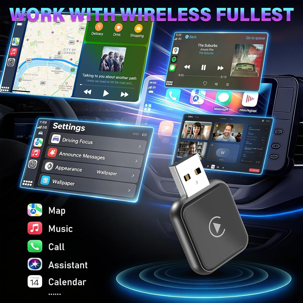 Wireless Carplay Adapter for iPhone/Android Latest Upgrade，Play Plug & Play