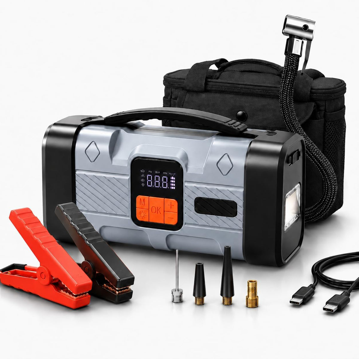 Jump Starter with Air Compressor, 1600A Car Battery Jump Starter, 150PSI Portable Tire Inflator with Auto Shut-Off, 24000mAh Power Bank with 100W Two-Way USB-C, 3-Mode LED Roadside Emergency Kit