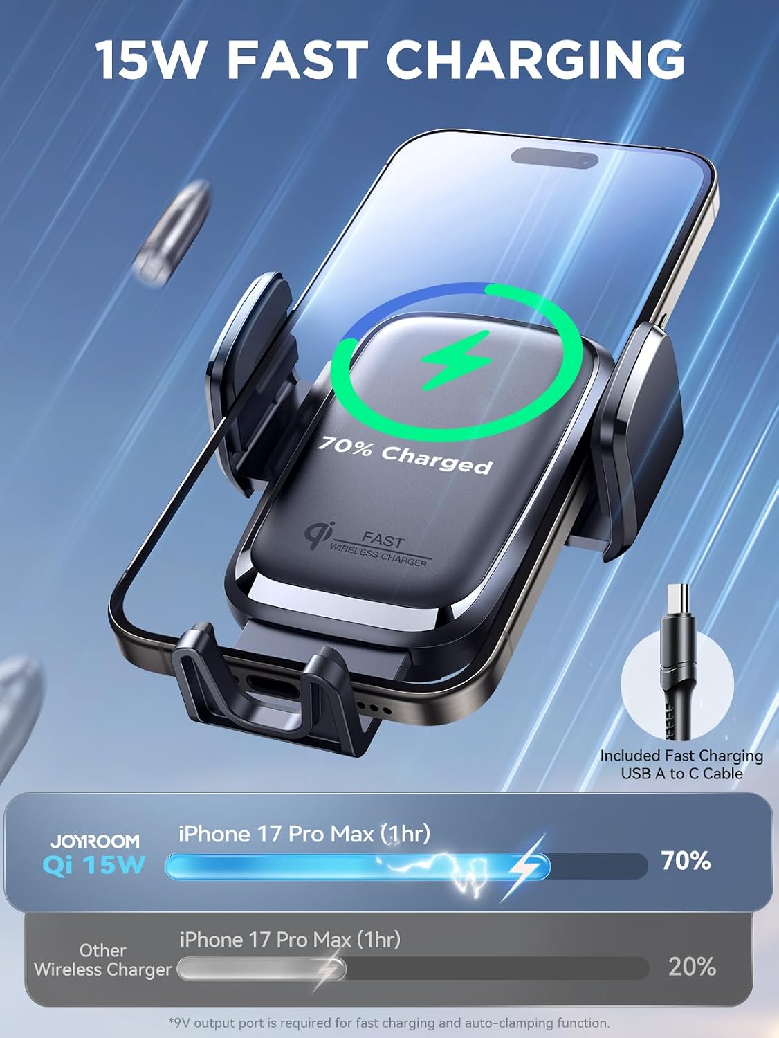 JOYROOM Wireless Car Charger, 15W Auto Clamping Car Phone Holder Charger