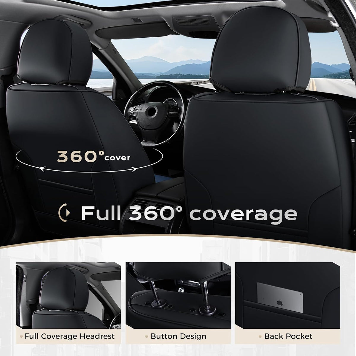 Coverado Car Seat Covers Full Set, Universal Seat Covers for Cars, Car Seat Protector Waterproof, Nappa Car Seat Cushion, Car Seat Covers Front Seats and Back Fit for Most Cars Trucks SUV, Black&Blue
