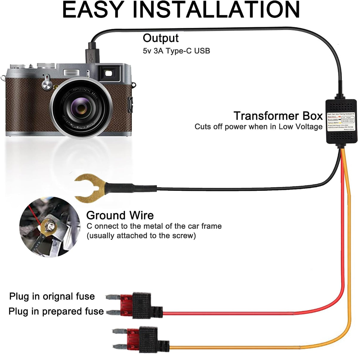 MEIRIYFA Dash Cam Acc Hardwire Kit, USB Type C Hardwire Dashcam Kit Step-Down Cable, 12V-24V to DC 5V 3A Car Dash Charger Power Cord for Cars Camera GPS（11.5FT）