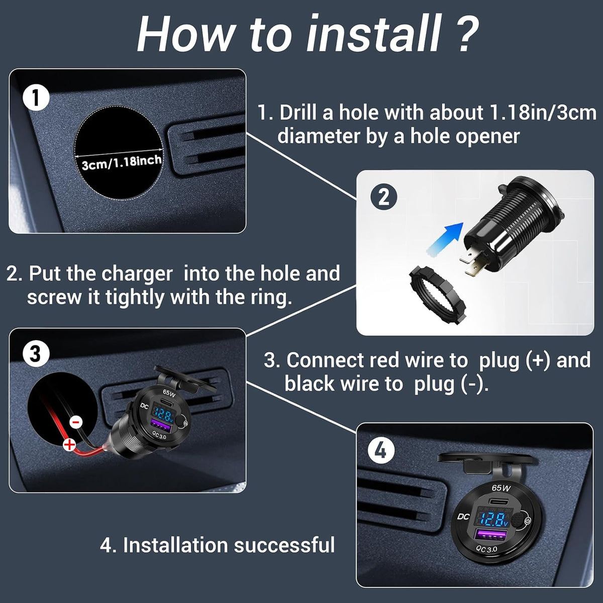 83W 12V USB Outlet, USB C Car Charger Socket with 65W PD3.0 & QC3.0