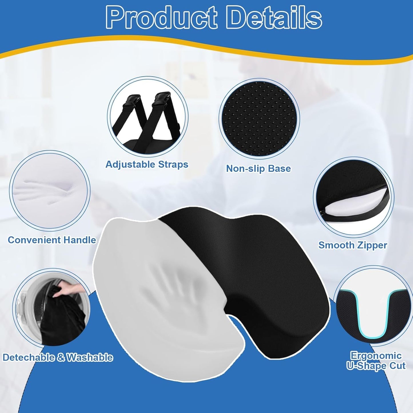Wheelchair Cushion Set, Pressure Relief Seat Cushion with Lumbar Support, U-Shaped Design for Tailbone Comfort, Non-Slip Adjustable Straps, Breathable Removable Cover for Wheelchair Office Chair Car