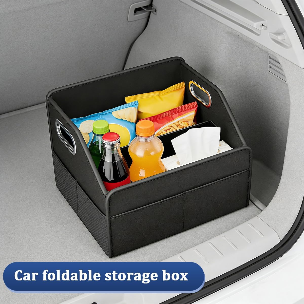 HZEL Car Seat Organizer, Foldable Multifunctional Vehicle Front and Back Seat Floor Storage Box with Metal Handle, Collapsible Automotive Interior Caddy Organizer, Universal for SUV Van Truck