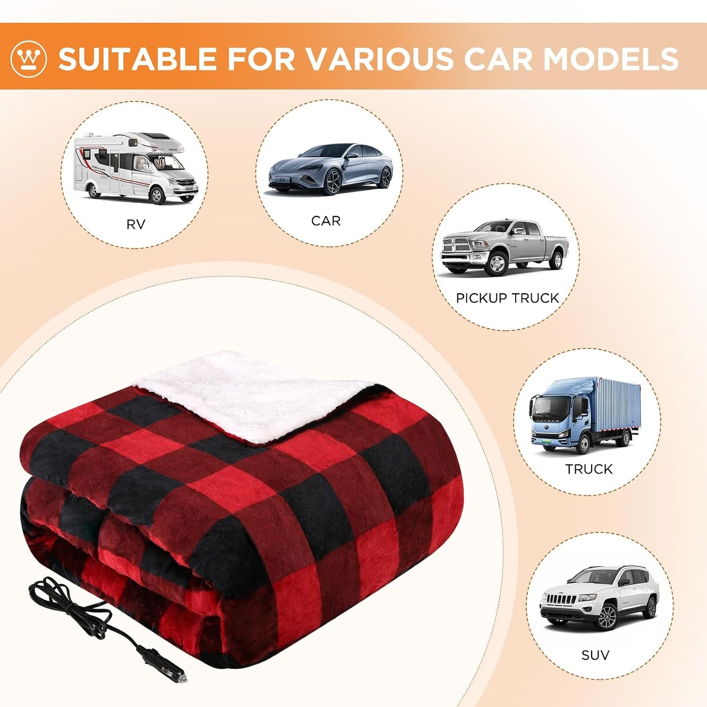 Westinghouse Heated Car Blanket, 12-Volt Electric Blanket for Car, Truck, SUV, RV, Portable Heated Throw for Camping, Red Buffalo Plaid, 59" x 43”